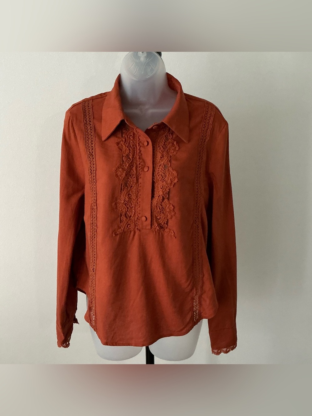 MOTF Women’s Premium Linen Guipure Lace Blouse – Medium – Rust Orange